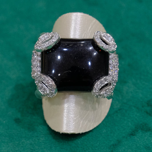 Anello in argento 925, regolabile, con zirconi e pietra nera
